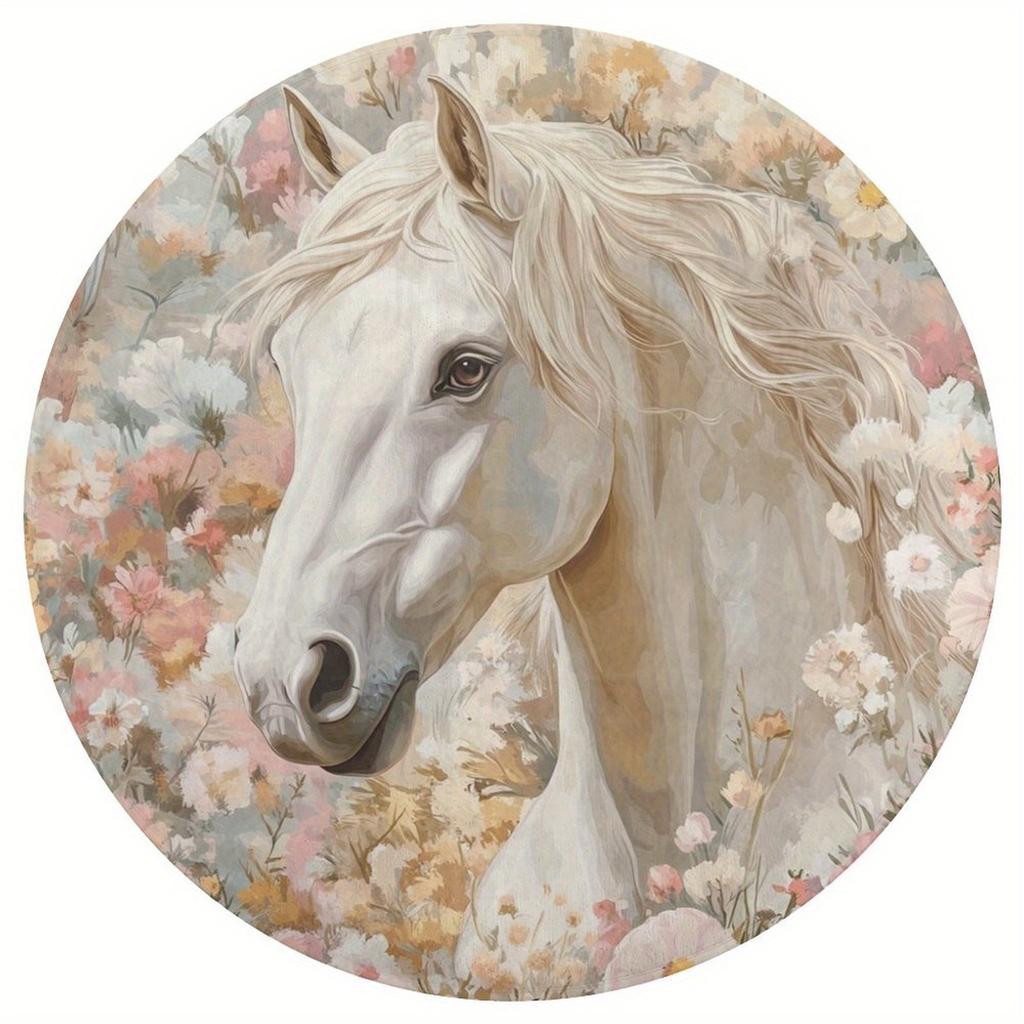 White Horse Floral Round Rug Flannel Printed Carpet Artistic Theme Home Decor Cozy Soft Floor Mat Living Room Indoor Use