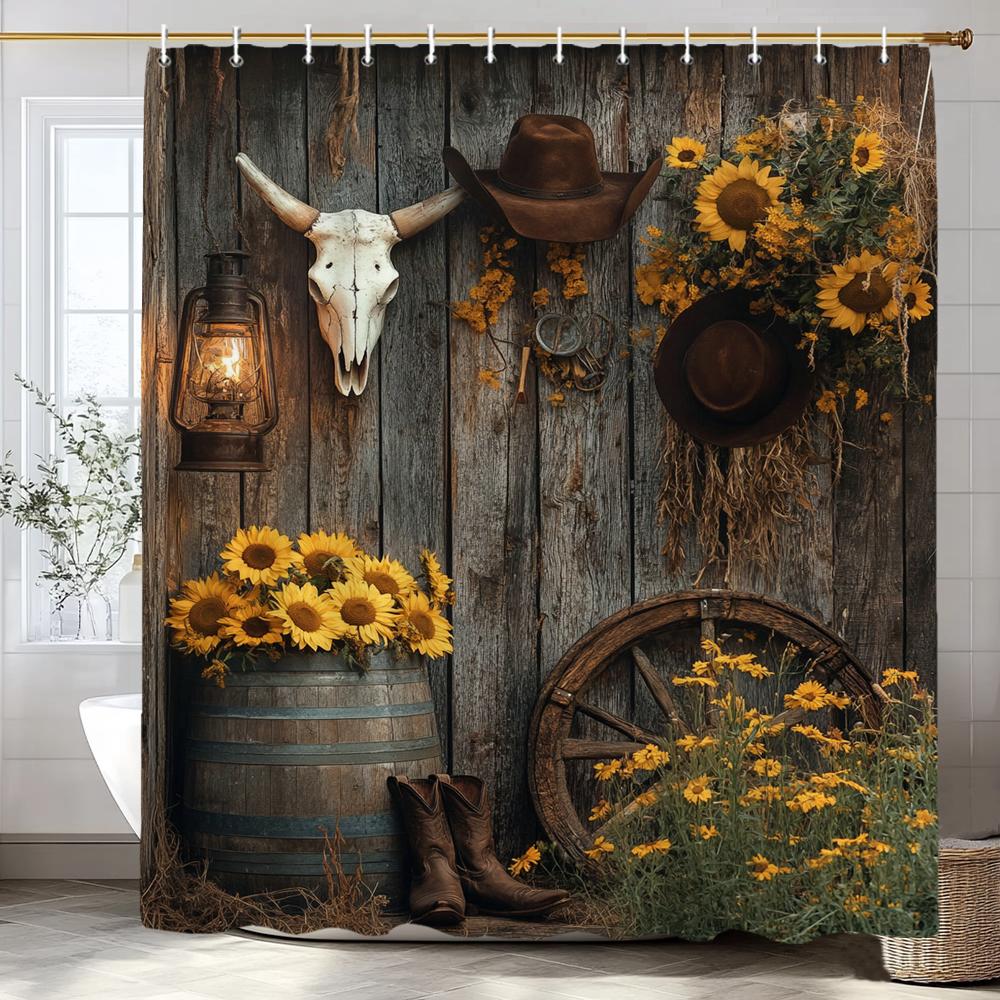 Flower Scenery Of Rural Farmhouse Shower Curtain, Bathroom Decorative Shower Curtain, Home Decorative Curtain With Hooks