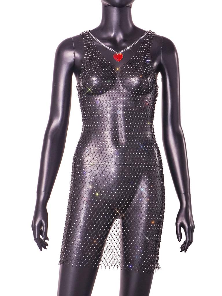 Fishing net diamond sexy hollow pure hand-sewn women's dress set