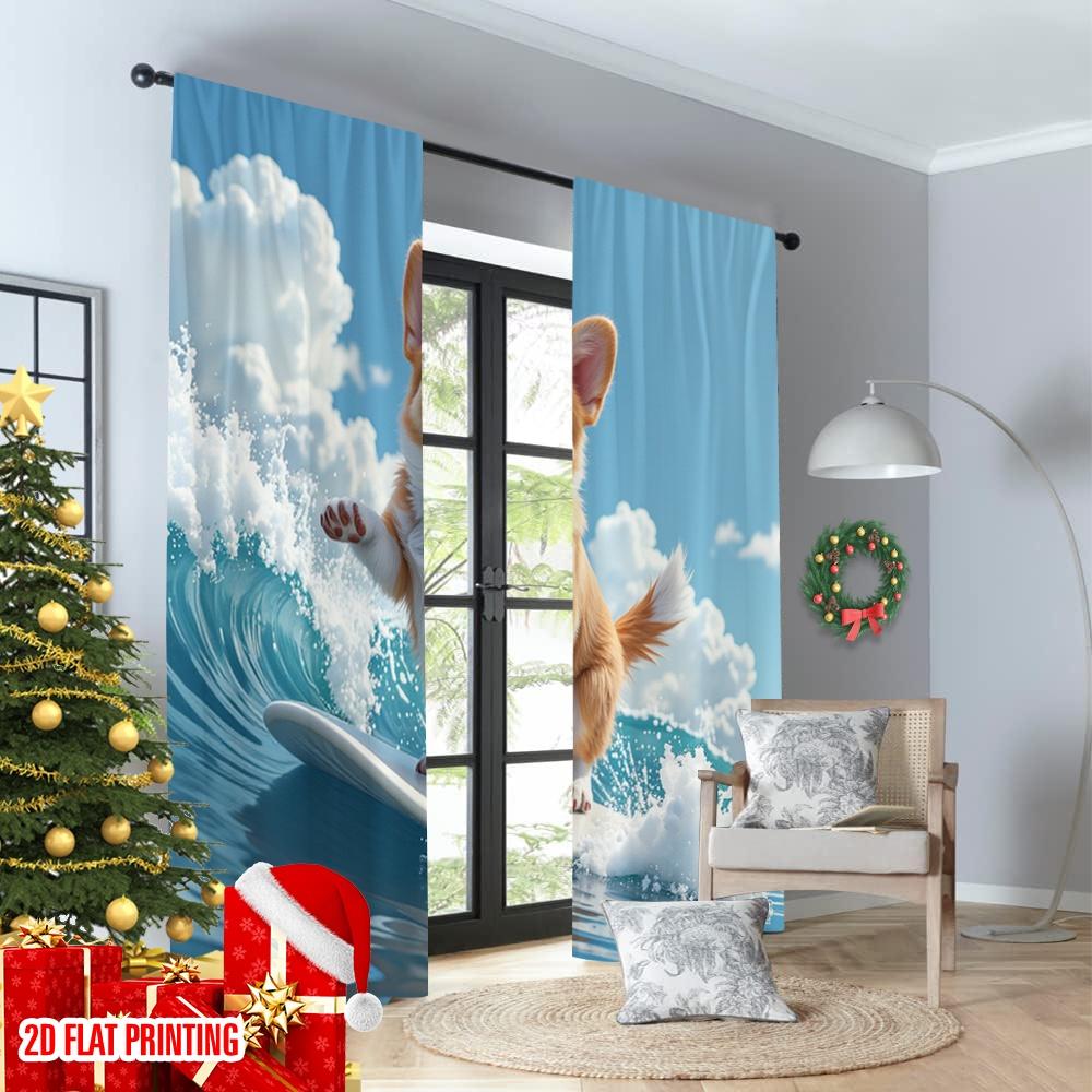 Flachdruck Vorhänge Niedlicher Hund Surfen Welle Digital Bedruckt Polyester Party Dekorationen Verwendung Feiertagspartys Vorhang Set von 2 Stück Hergestellt Waschbar