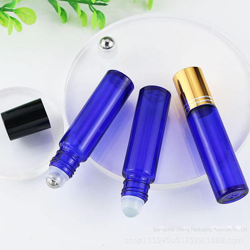 10ml Transparent Blue Glass Roller Bottle for Eye Cream and Essential Oils, with Tea-colored Perfume Roller