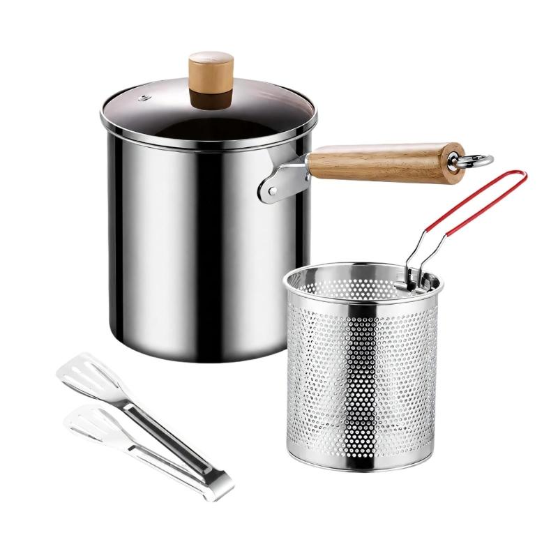 Deep-Frying Cookware Set with 3 L Steel Pot, Perforated Basket, and Tongs for Cooking, Basket Removal, Oil Draining, and Ingredient Handling