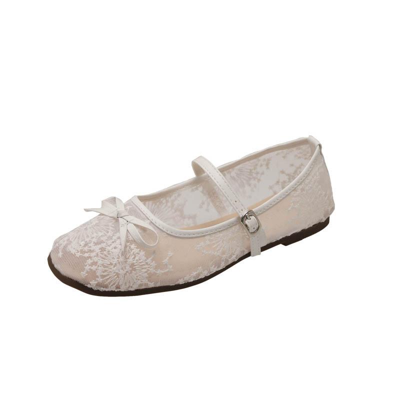 Scarpe Mary Jane a punta quadrata, bocca bassa, fondo piatto, con fiocco a rete e fibbia quadrata, scarpe singole, stile fata delicato