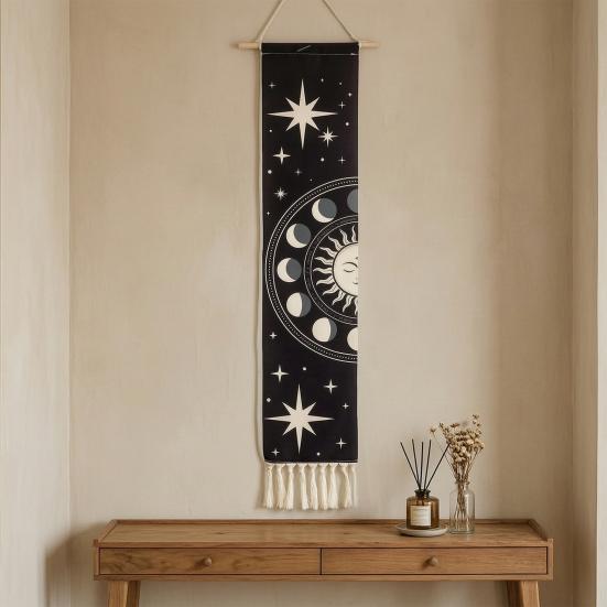 Fringed Tapestry, Soft Cotton with Sun Moon Star Prints Wall Hanging, Bohemian Style Doorway Curtain for Bedroom Living Room
