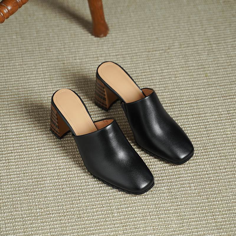 Krazing Pot Mules Cow Skin Basic Clothing Spring Summer Size 43 Size 42 Sandals Women Thick Heels Women Square Toe Slip On Pumps