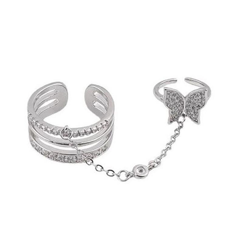 Trendy Personality Double Finger Chain Rings For Women Girls Tassel Butterfly Punk Rings Ladies Fashion Hip Hop Jewelry Gifts