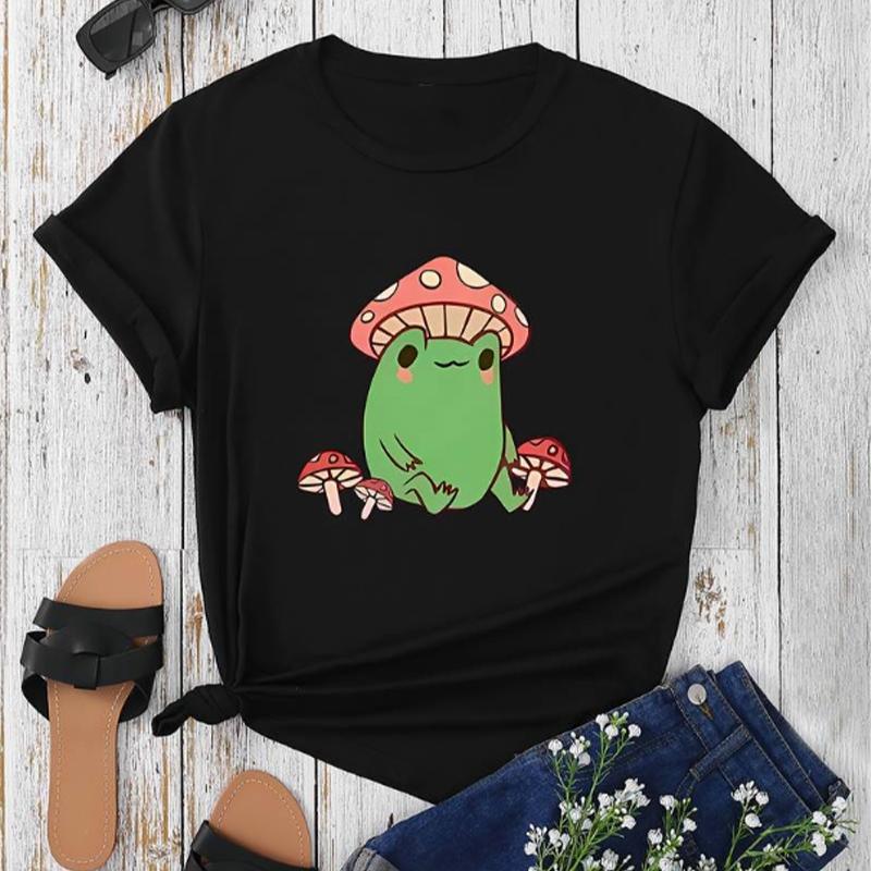 

Модная женская футболка с принтом грибов и лягушек, забавная повседневная футболка с круглым вырезом и короткими рукавами, летняя женская футболка L чёрный