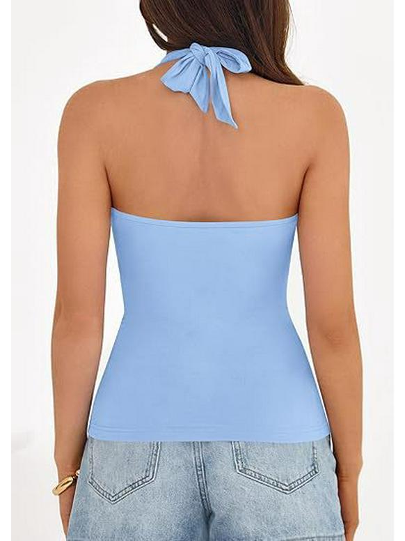 Women's Solid Color Sleeveless V-neck Halter Backless Top - Summer Style