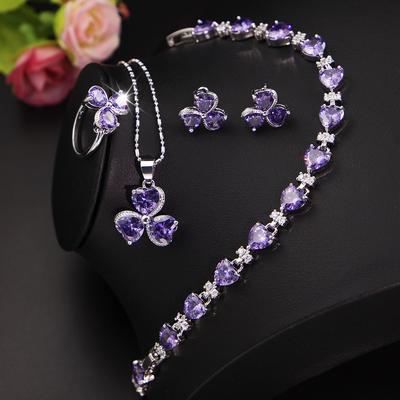 2026 Purple Love Necklace Earrings Set with Zircon Jewelry Set Small Fresh Heart Necklace Jewelry Set Bracelet