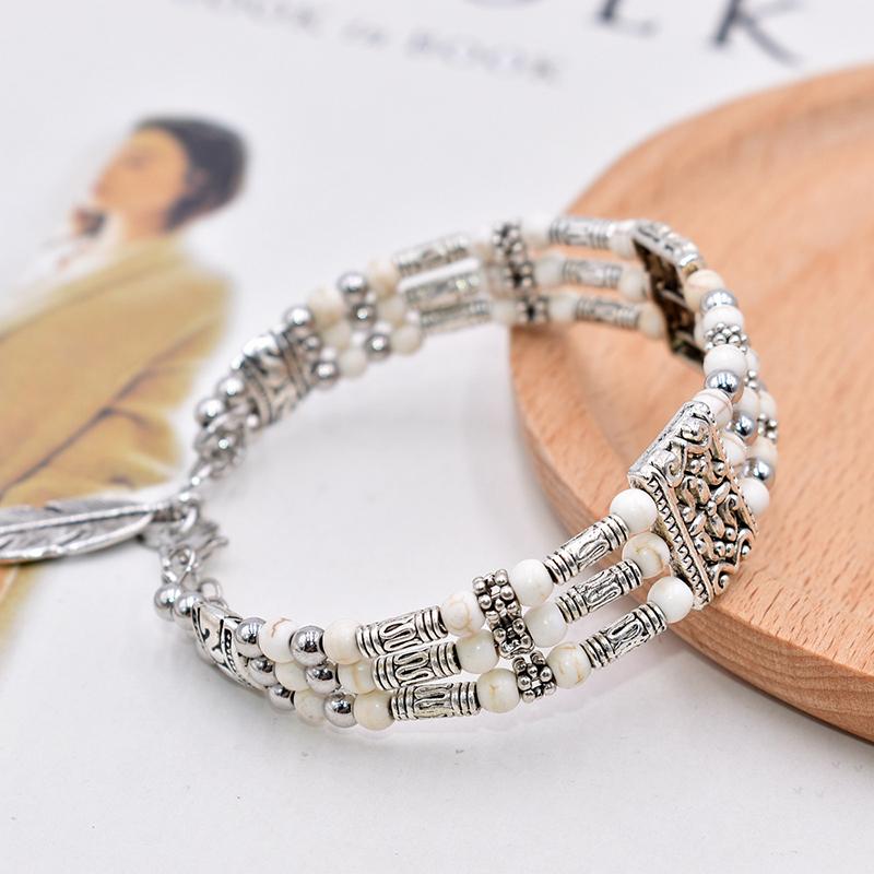 

Bohemian Vintage Natural Stone Beaded Feather Charm Bracelet For Women National Handmade Round Bead Carved Boho Bracelet Zircon белый