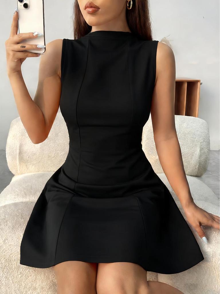 2026 European and American Style Sleeveless High Neck Slimming A-line Dress - Short, Fashionable, Versatile.