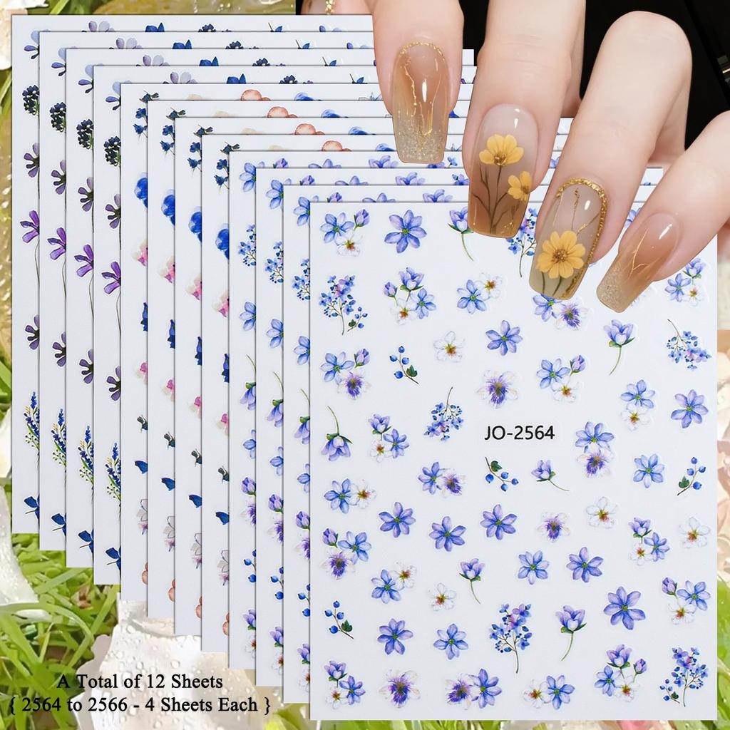 3 a 18 Hojas Pegatinas de Flores Acuarela para Uñas Calcomanías Florales para Uñas Primavera Azul Rosa Botánicas Manicura DIY