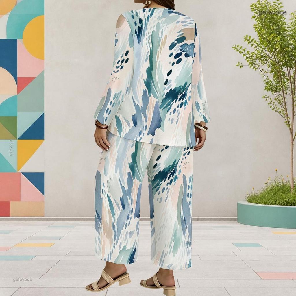 Women Plus Size Round Neck Long Sleeve Printed Layered Top Wide Leg Cropped Pants Two Piece Set