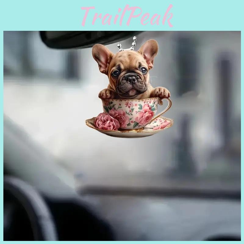 Unique Acrylic Dog Tea Cup Car Charm Decorative Pendant For Stylish Vehicle Interiors