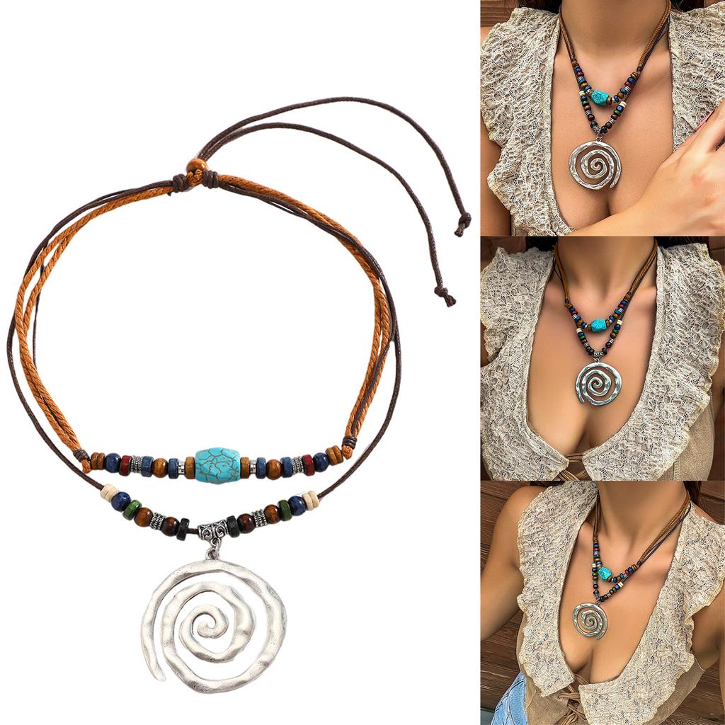 Vintage Silver Spirals Pendant Necklace Adjustable Length Neckchain Natural Turquoise Bead Choker Accessory for Women