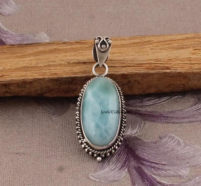 Natural Larimar Gemstone Pendant, Handmade Designer Boho Pendant, Christmas Jewelry, Reiki Pendant, 925 Sterling Silver