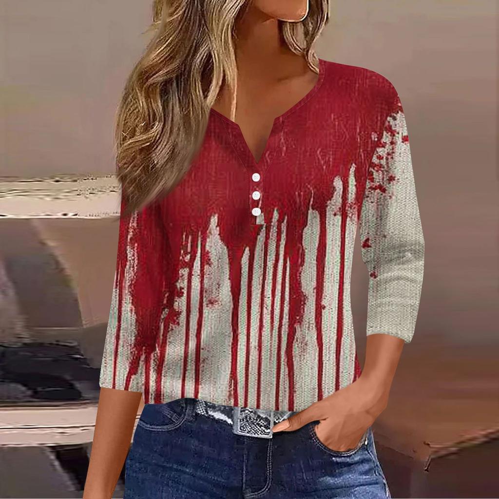 Damen Lässige Mode V-Ausschnitt Locker Vielseitig Halloween-Print Dreiviertelarm Oberteil