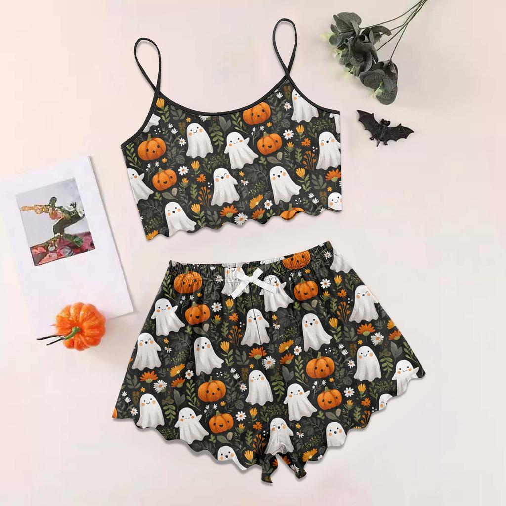 Women's Halloween Set With Retro Floral Print Suspender Sleeveless Vest Shorts Pajama Set