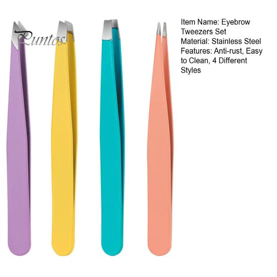 Small Hair Removal Tweezers 4Pcs/Set Slant Eyebrow Set Stainless Steel Ingrown Clip Tool Flat Mouth Short Clipping