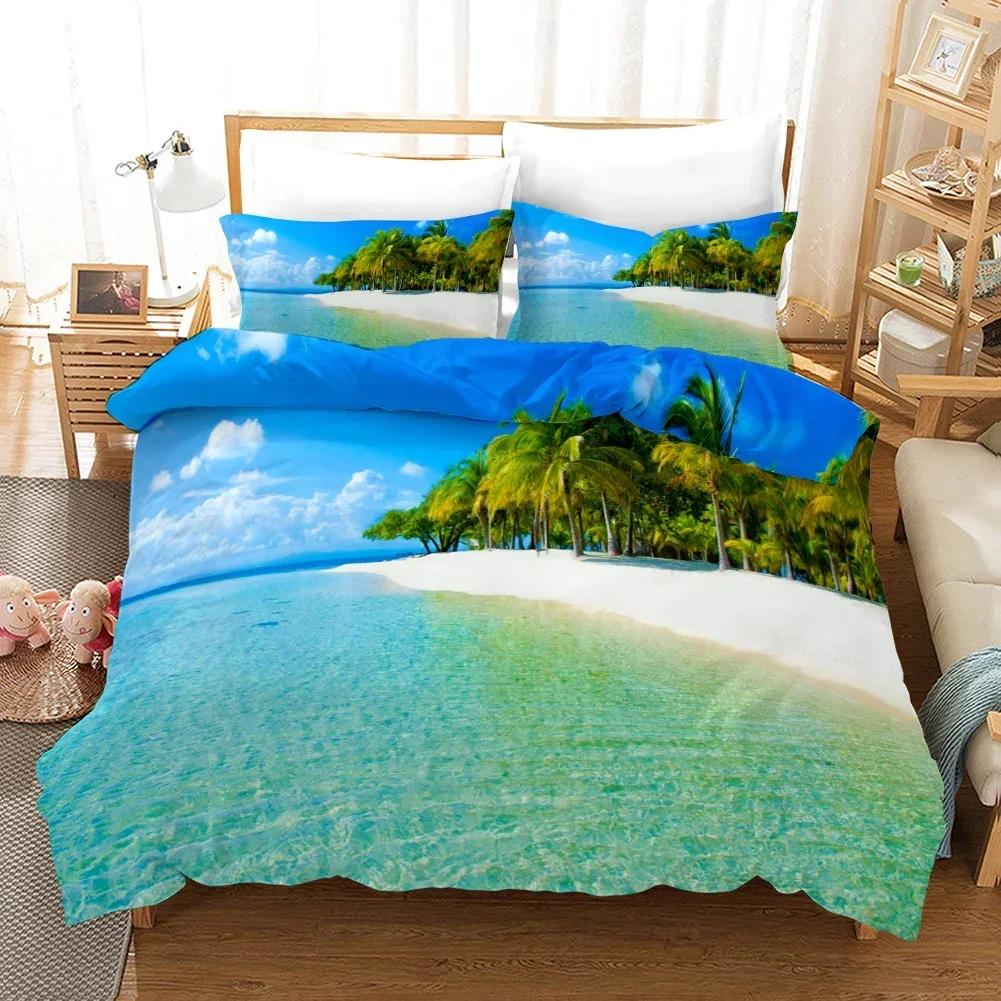 Tropical Island With The Palm Tree Comfortable Duvet Quilt Cover Pillowcase Bedding Set Children Bedroom Decoration Home Textile