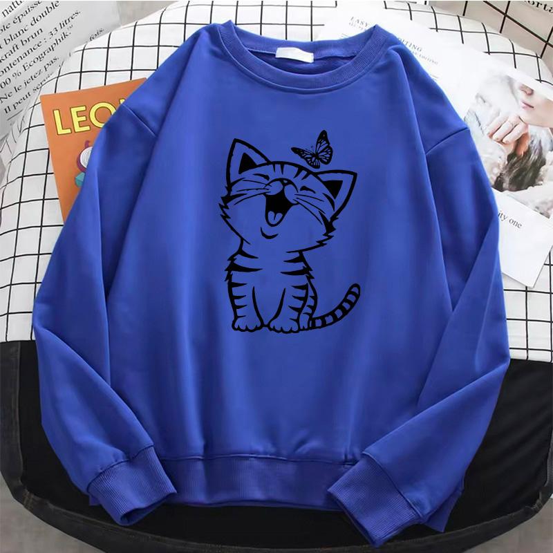 Hanorac Drăguț cu Pisică și Imprimeu cu Fluture Retro Pisică pentru Femei Hanorac Călduros din Fleece Pulover cu Gât Rotund Moale Haine Casual Femeie
