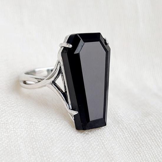 Onyx Coffin Ring, 925 Sterling Silver, Gothic Black Stone Jewelry for Women