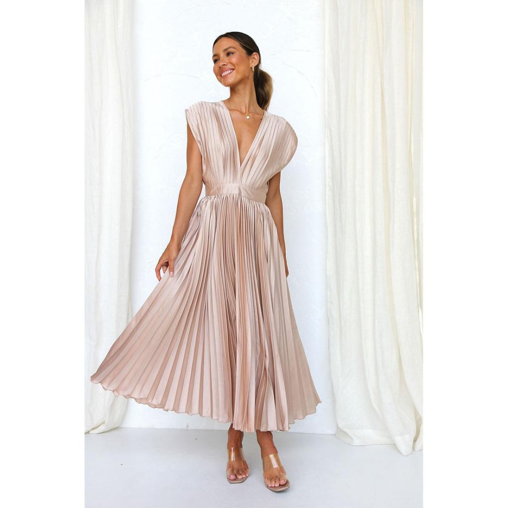 Women's V Neck Sleeveless Midi Dress Loose Mid Waist Pleated Satin Wedding Guest Sundress