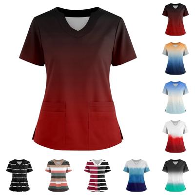 Damen Locker Kurzärmelig Modisch Streifen Und Farbverläufe Druck V-Ausschnitt Zum Knöpfen Seitenschlitz Top T-Shirt