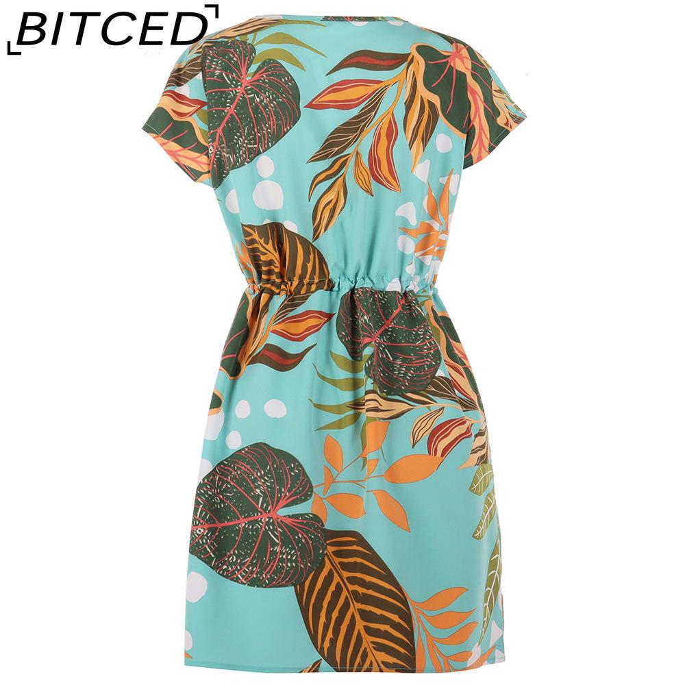 BITCED Spring/Summer Floral Print Drawstring V-Neck Short-Sleeve Vacation Casual Loose Dress