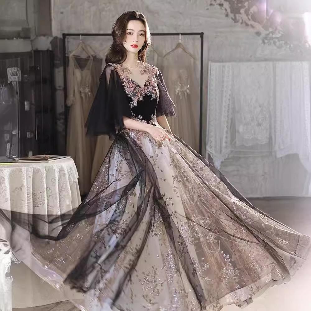 Evening Dress Women's 1011 Summer New Temperament Black Simple Annual Meeting Catwalk Banquet Evening Dress