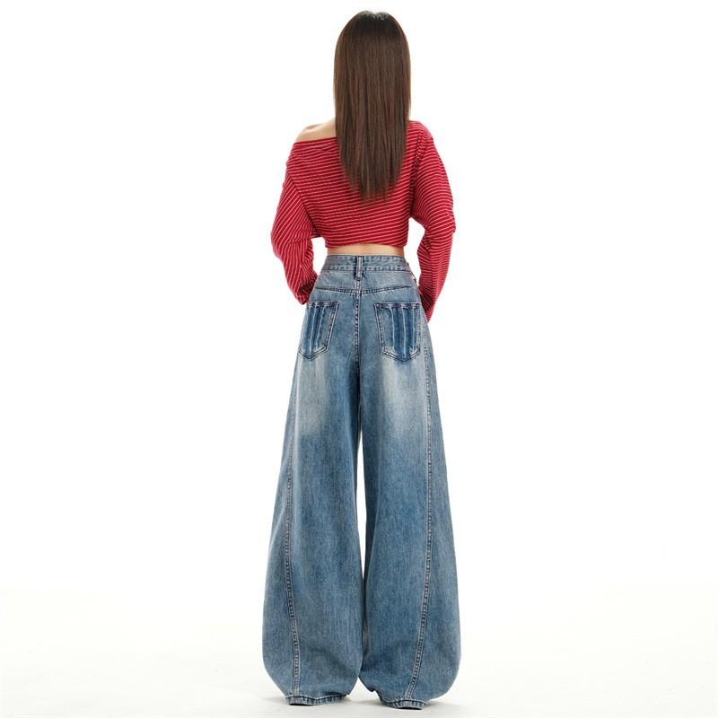 High-Waisted Wide Leg Jeans Women Vintage Washed Blue Denim Straight Fit Cropped To Floor Length Cotton Ripped Detail