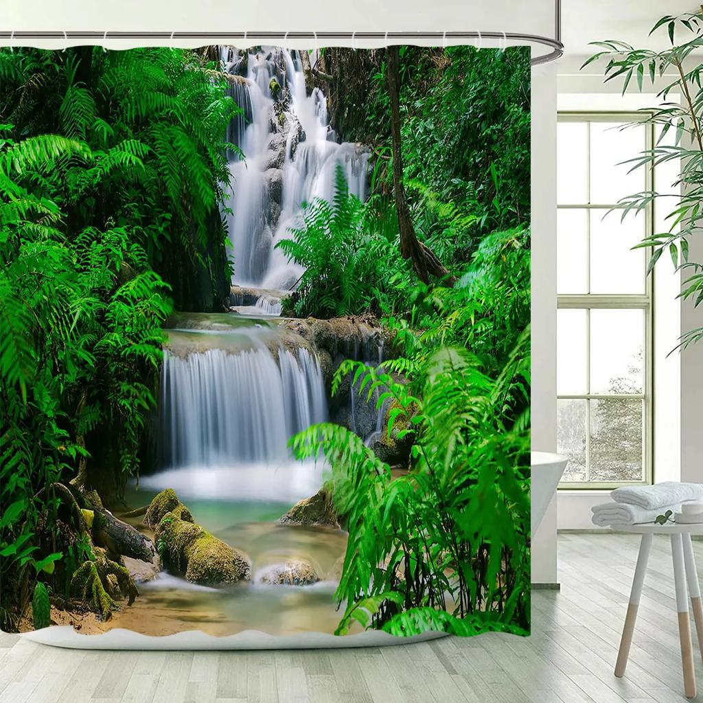 Nature Landscape Showewer Curtains Forest Green Plant Trees Bathroom Curtain Polyester Fabric Bath Decor for Home
