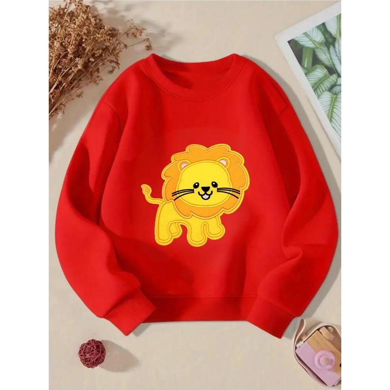 Kids Crewneck Sweatshirt, Cute Lion Patch Style Graphic Print,Spring Autumn Casual Sport Tops