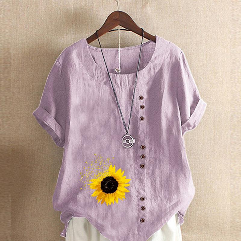 Damenmode Sonnenblumen-Print Kurzarm-T-Shirt Locker Baumwollhemd Lässig Locker Sommerbluse Tops Übergröße