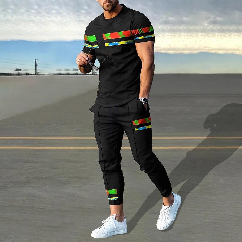 Sommer Männlichen Lose Beiläufige Druck T-shirt Elastische Taille Hosen Set Männer Kurzarm Street Style Pullover T-shirt Jogginghose Homme