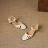 Krazing Pot Sheep Skin Med Heels European Design Summer Size 40 Round Toe Circle Buckle Straps Women Pumps