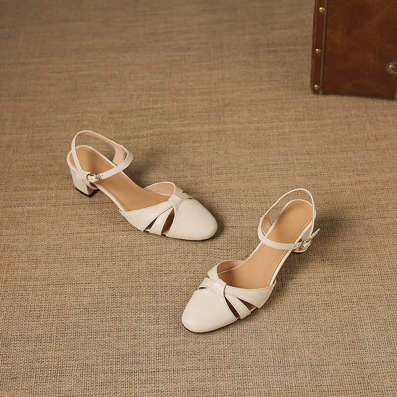 Krazing Pot Sheep Skin Med Heels European Design Summer Size 40 Round Toe Circle Buckle Straps Women Pumps