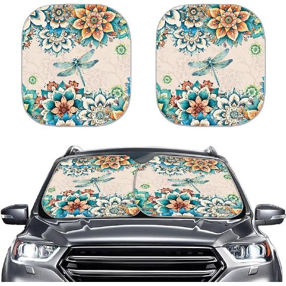 Mushroom Car Windshield Sunshade Daisy Flower Dragonfly Butterfly Mushroom Auto Front Sun Shades Foldable Sunlight Protection Visor Universal Vehicle