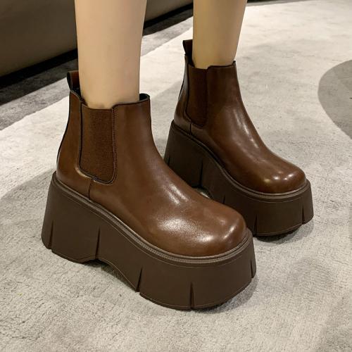 

Модные зимние женские кожаные ботинки на толстой подошве с каблуком 8 см, осенние ботинки 2024 года на высокой платформе, женские нескользящие мотоциклетные ботинки с толстой подошвой 34 коричневый