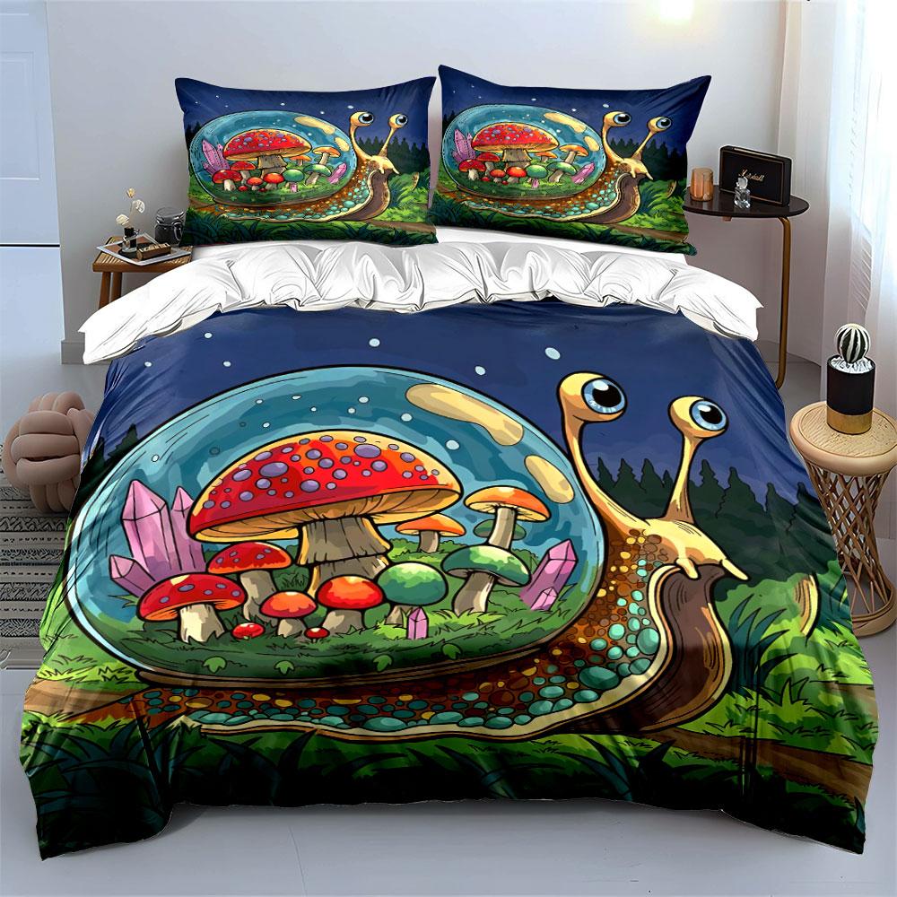 Snail Mushroom Fantasy Decoration Set Soft Skin-Friendly Bedding Set Includes 1 Duvet Cover And 2 Pillowcase Gift
