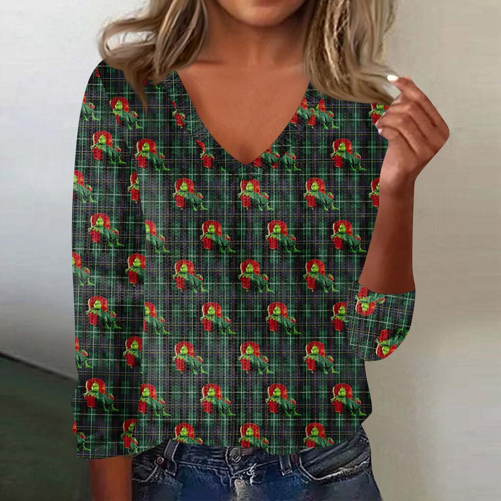 Women's Cute Sweatshirt Knitted Fashion Casual V-neck Long-sleeved  Cozy Print Top