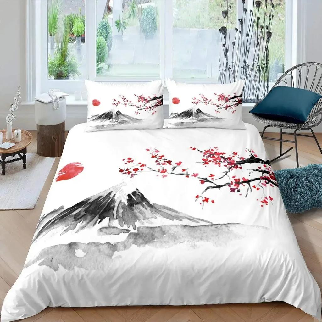 Japanese Style Crane Duvet Cover Set Full Size,Exotic Red Sun Sea Waves Bedding Sets,Vintage Ukiyoe Traditional Comforter Cover