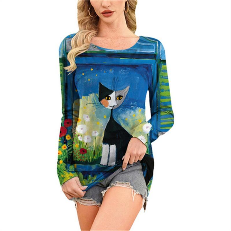 Модная удобная универсальная женская футболка с принтом мультяшного кота с круглым вырезом — фото 16