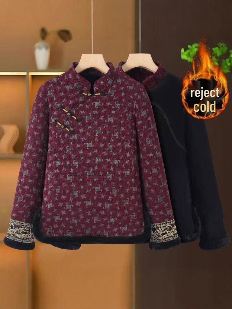 2025 Autumn/Winter Plus Velvet Retro Qipao Collar Slimming T-shirt for Mom