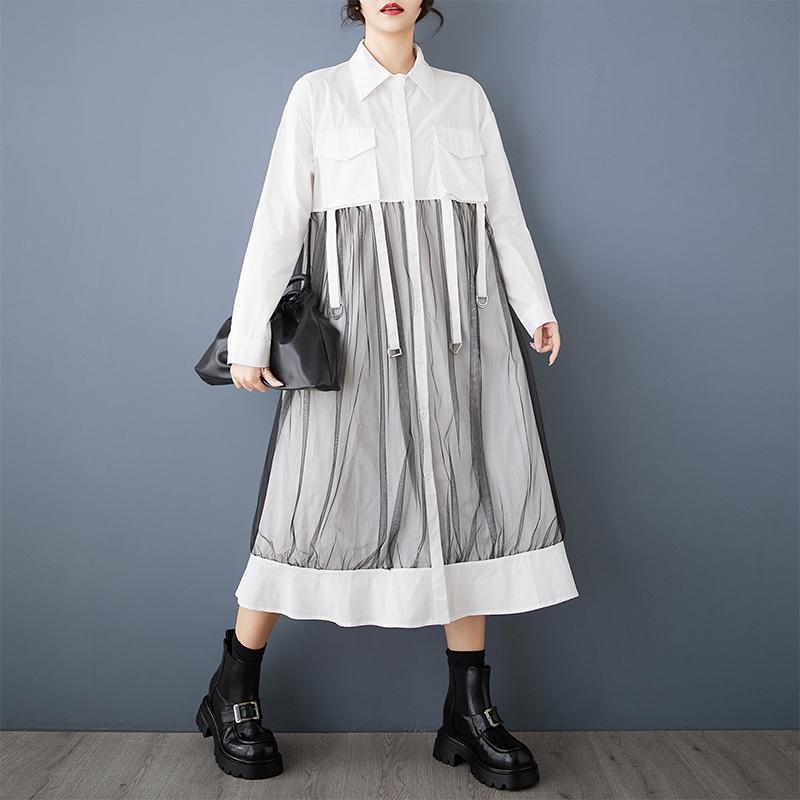 DIMANAF 2025 Nové Dámské Jarní Šaty Plus Size Dlouhé Šaty Dlouhý Rukáv Jednobarevné Vintage Oblečení Síťované Košilové Šaty