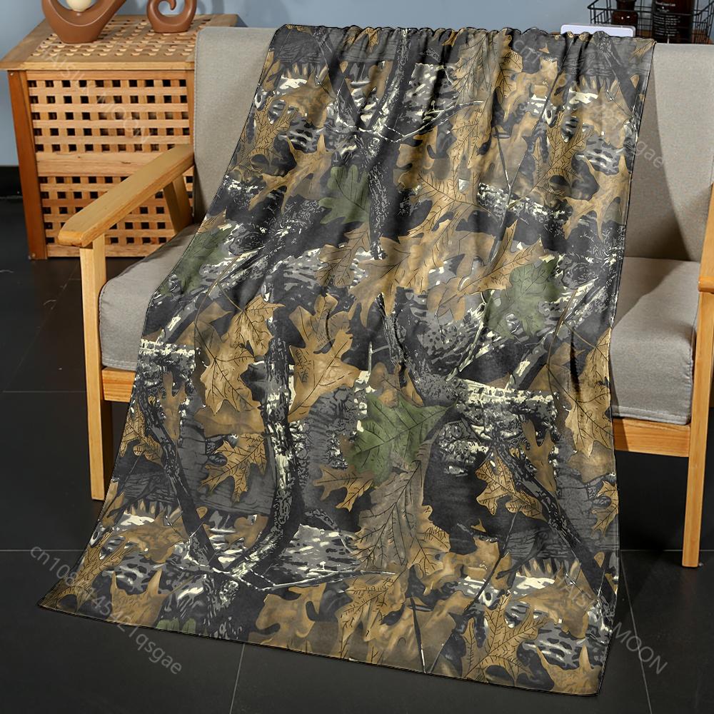 Realistic Camo with Leaves. Pattern Blanket Flannel Material Soft Warm for All Seasons, Home Outdoor Camping Picnics RV Gifts