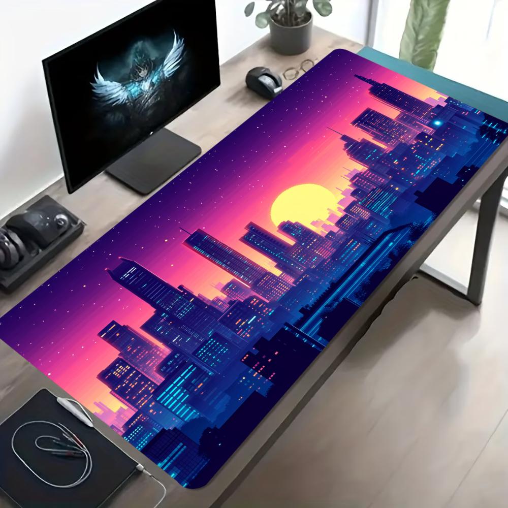 Cyberpunk City Neon Night Large Mouse Pad Non Slip Rubber Base View Print Gaming Desk Mat Mousepad For Gamer Desk Workspace