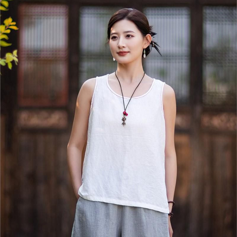 Johnature Women Vintage Tops Summer Chinese Style Solid Color Sleeveless O-Neck Embroidery Tops