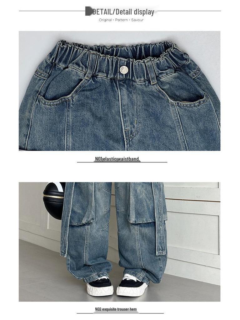 Girls' Retro Wide-Leg Cargo Jeans with Big Pockets - Distressed Loose Fit for Spring & Autumn
