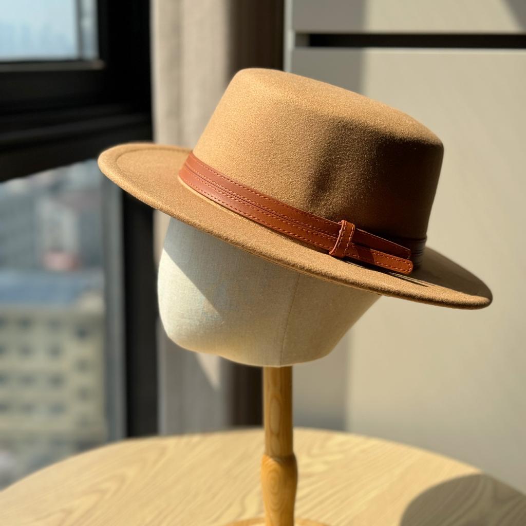 New French Double Belt Buckle Woolen Hat Flat Top Hat for Women Autumn and Winter British Retro Style Wide Brim Felt Hat